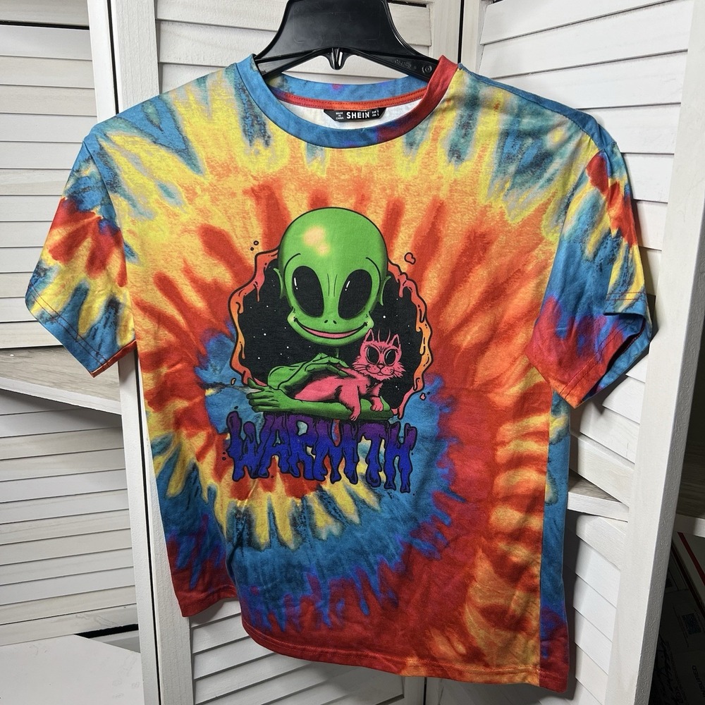 Tie Dye Alien Cat "WARMTH" Graphic T-Shirt Rainbow Unisex Size Small from‎ SHEIN